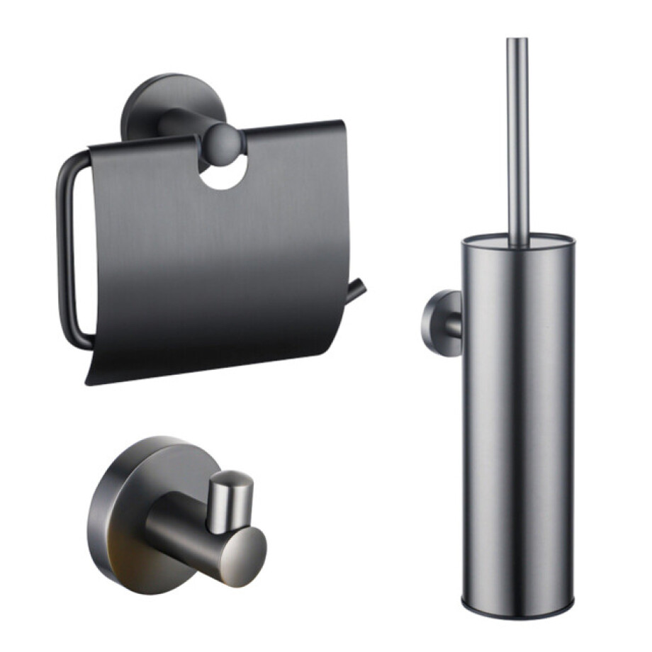 Fortifura Calvi Toiletset - toiletborstelhouder - gesloten - handdoekhaak - toiletrolhouder - met klep - geborsteld gunmetal SW1183147/SW1111545/SW721175 Fortifura Calvi Toiletset - toiletborstelhouder - gesloten - handdoekhaak - toiletrolhouder - met klep - geborsteld gunmetal SW1183147/SW1111545/SW721175 afbeelding 1