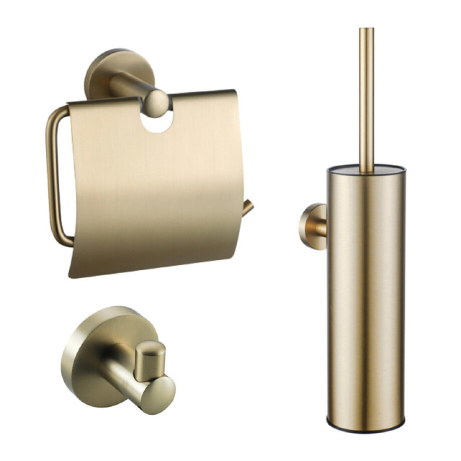 Fortifura Calvi Toiletset - toiletborstelhouder - gesloten - handdoekhaak - toiletrolhouder - met klep - geborsteld messing (goud) SW1183146/SW1111543/SW639937 Fortifura Calvi Toiletset - toiletborstelhouder - gesloten - handdoekhaak - toiletrolhouder - met klep - geborsteld messing (goud) SW1183146/SW1111543/SW639937 afbeelding 1