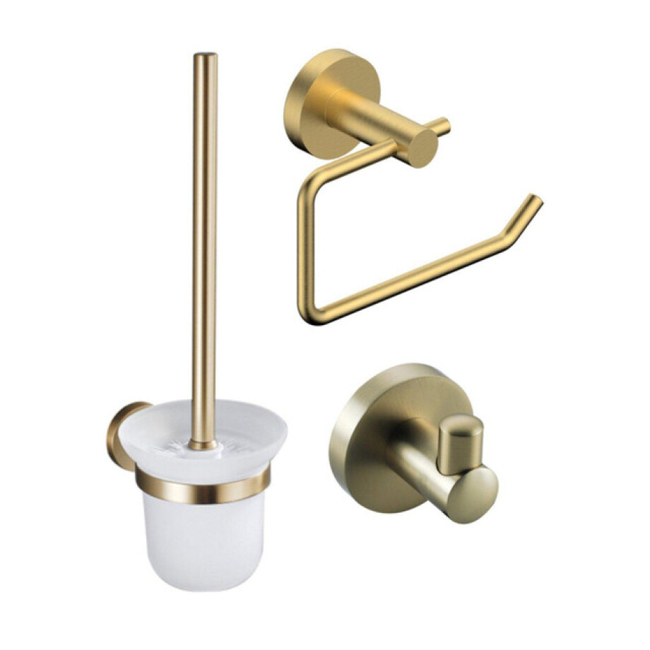 Fortifura Calvi Toiletset - toiletrolhouder met klep- toiletborstel - handoekhaak - geborsteld messing PVD (goud) SW1183146/SW639937/SW639940 afbeelding 1