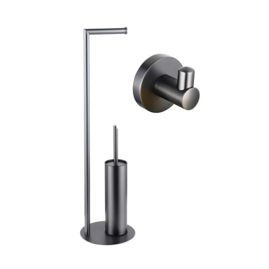 Fortifura Calvi vrijstaande toiletrolhouder met toiletborstel - met handoekhaak - Geborsteld Gunmetal PVD SW1189061/SW721175 afbeelding 1
