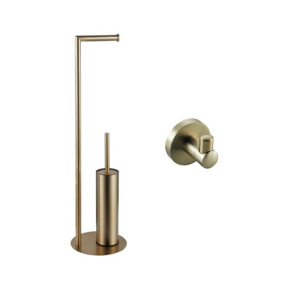 Fortifura Calvi vrijstaande toiletrolhouder met toiletborstel - met handoekhaak - Geborsteld Messing PVD (Goud) SW639937/SW1189060 afbeelding 1