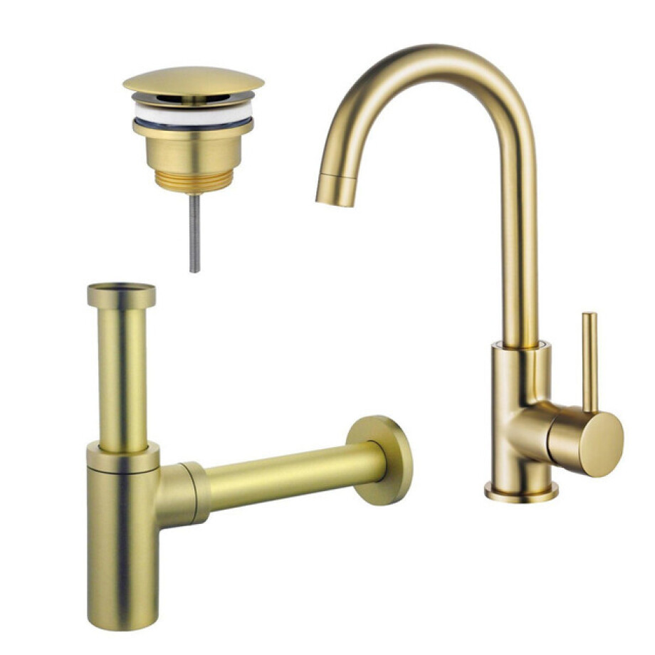 Fortifura Calvi Wastafelkraanset - hoge wastafelkraan - draaibare uitloop - always open plug - design sifon - Geborsteld Messing PVD (Goud) SW809349/SW696208/SW696213 afbeelding 1