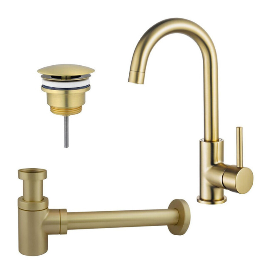 Fortifura Calvi Wastafelkraanset - hoge wastafelkraan - draaibare uitloop - always open plug - verlaagde design sifon - Geborsteld Messing PVD (Goud) SW809349/SW696208/SW696218 afbeelding 1