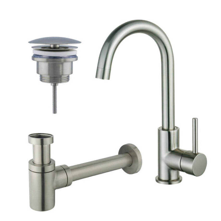 Fortifura Calvi Wastafelkraanset - hoge wastafelkraan - draaibare uitloop - always open plug - verlaagde design sifon - Geborsteld RVS PVD (RVS) SW809348/SW696207/SW696217 afbeelding 1