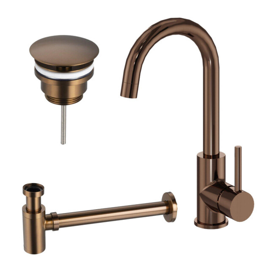 Fortifura Calvi Wastafelkraanset - hoge wastafelkraan - draaibare uitloop - always open plug - verlaagde design sifon - Geborsteld koper PVD (Koper) SW799403 / SW799405 / SW970035 Fortifura Calvi Wastafelkraanset - hoge wastafelkraan - draaibare uitloop - always open plug - verlaagde design sifon - Geborsteld koper PVD (Koper) SW799403 / SW799405 / SW970035 afbeelding 1