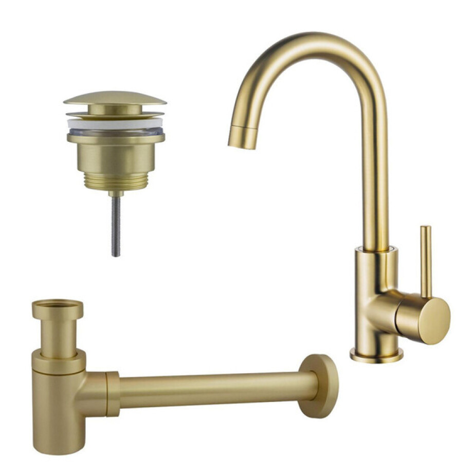 Fortifura Calvi Wastafelkraanset - hoge wastafelkraan - draaibare uitloop - klikwaste plug - verlaagde design sifon - Geborsteld Messing PVD (Goud) SW809349/SW696202/SW696218 afbeelding 1