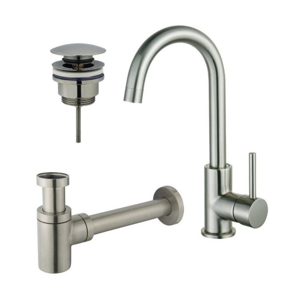 Fortifura Calvi Wastafelkraanset - hoge wastafelkraan - draaibare uitloop - klikwaste plug - verlaagde design sifon - Geborsteld RVS PVD (RVS) SW809348/SW696201/SW696217 afbeelding 1