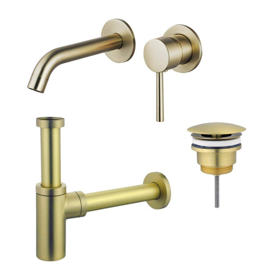 Fortifura Calvi Wastafelkraanset - inbouw wastafelkraan - always open plug - design sifon - Geborsteld Messing PVD (Goud) SW720228/SW696208/SW696213 afbeelding 1