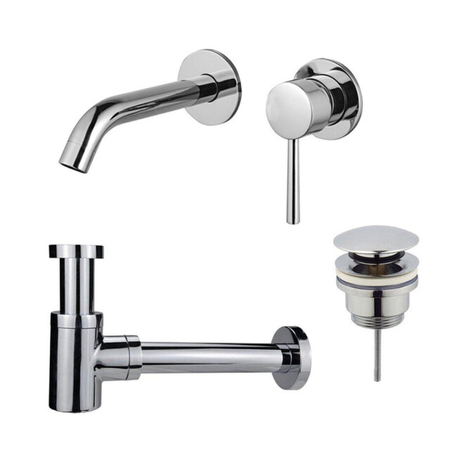 Fortifura Calvi Wastafelkraanset - inbouw wastafelkraan - klikwaste plug - verlaagde design sifon - Chroom SW377814/SW696203/SW696219 afbeelding 1