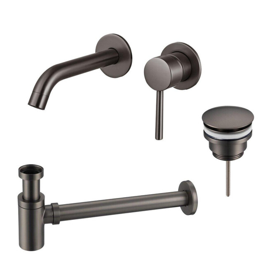 Fortifura Calvi Wastafelkraanset - inbouw wastafelkraan - klikwaste plug - verlaagde design sifon - Geborsteld Gunmetal PVD SW766534/SW767288/SW767295 afbeelding 1