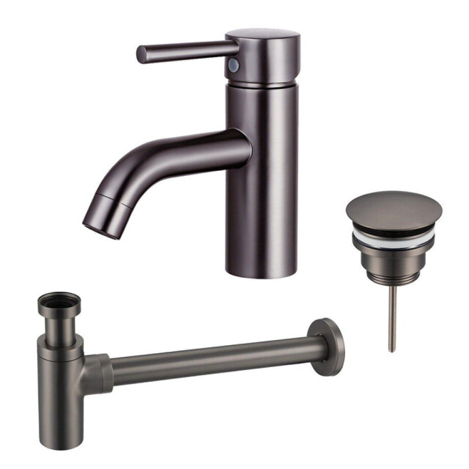 Fortifura Calvi Wastafelkraanset - lage wastafelkraan - always open plug - design sifon - Geborsteld Gunmetal PVD SW766540/SW769487/SW767297 Fortifura Calvi Wastafelkraanset - lage wastafelkraan - always open plug - design sifon - Geborsteld Gunmetal PVD SW766540/SW769487/SW767297 afbeelding 1