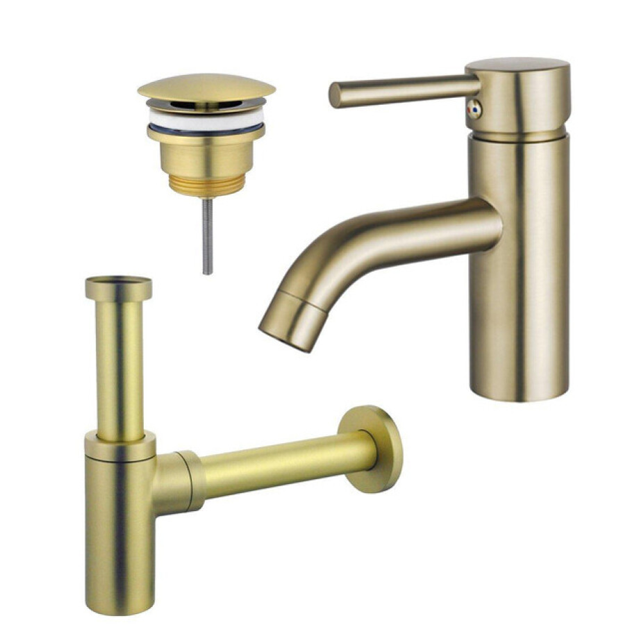 Fortifura Calvi Wastafelkraanset - lage wastafelkraan - always open plug - design sifon - Geborsteld Messing PVD (Goud) SW720547/SW696208/SW696213 afbeelding 1