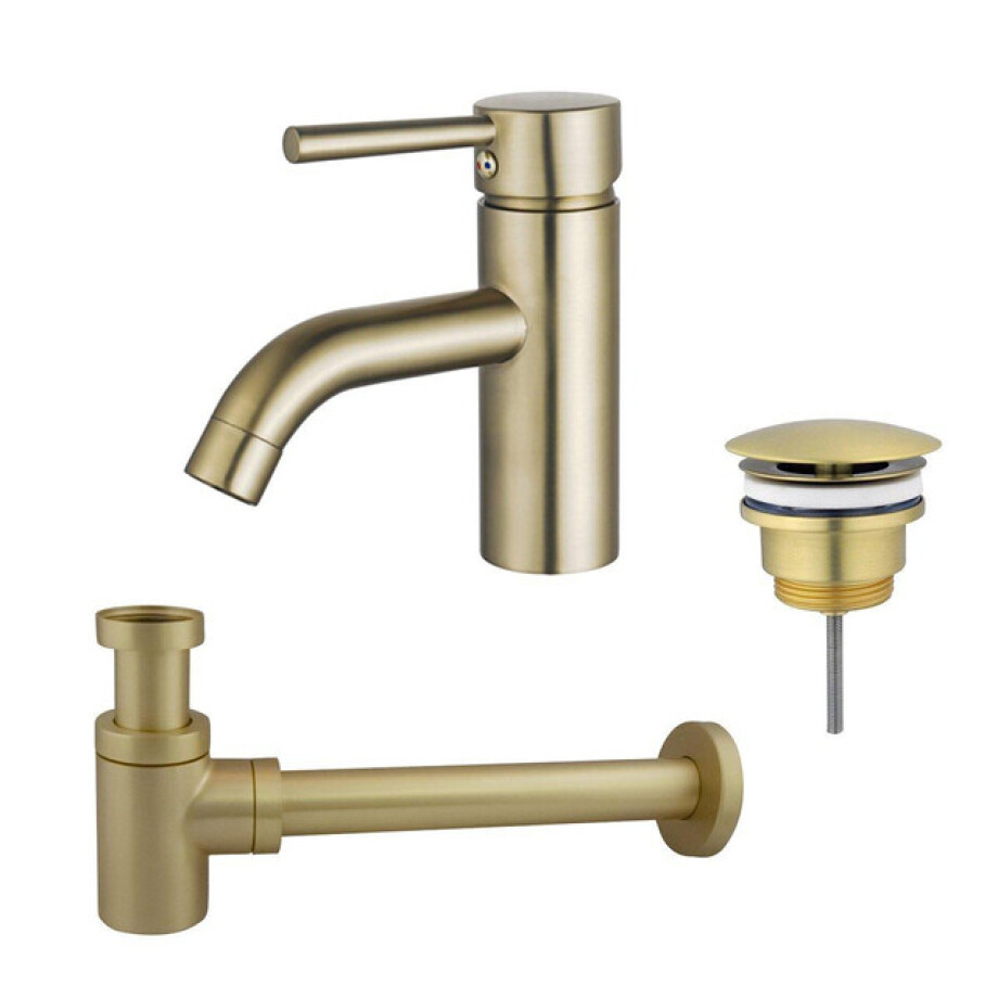 Fortifura Calvi Wastafelkraanset - lage wastafelkraan - always open plug - verlaagde design sifon - Geborsteld Messing PVD (Goud) SW720547/SW696208/SW696218 afbeelding 1