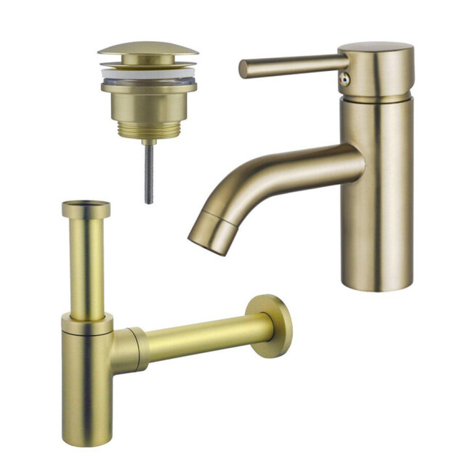 Fortifura Calvi Wastafelkraanset - lage wastafelkraan - klikwaste plug - design sifon - Geborsteld Messing PVD (Goud) SW720547/SW696202/SW696213 afbeelding 1