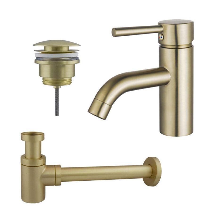 Fortifura Calvi Wastafelkraanset - lage wastafelkraan - klikwaste plug - verlaagde design sifon - Geborsteld Messing PVD (Goud) SW720547/SW696202/SW696218 afbeelding 1