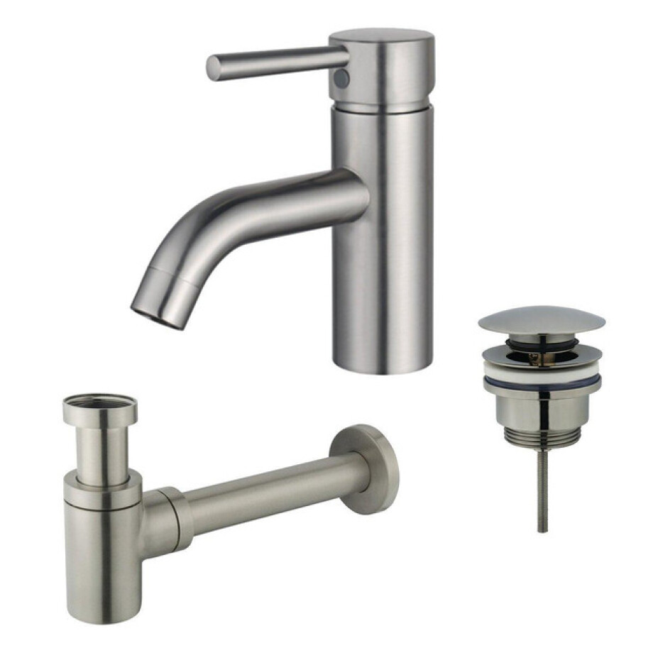 Fortifura Calvi Wastafelkraanset - lage wastafelkraan - klikwaste plug - verlaagde design sifon - Geborsteld RVS PVD (RVS) SW377856/SW696201/SW696217 afbeelding 1
