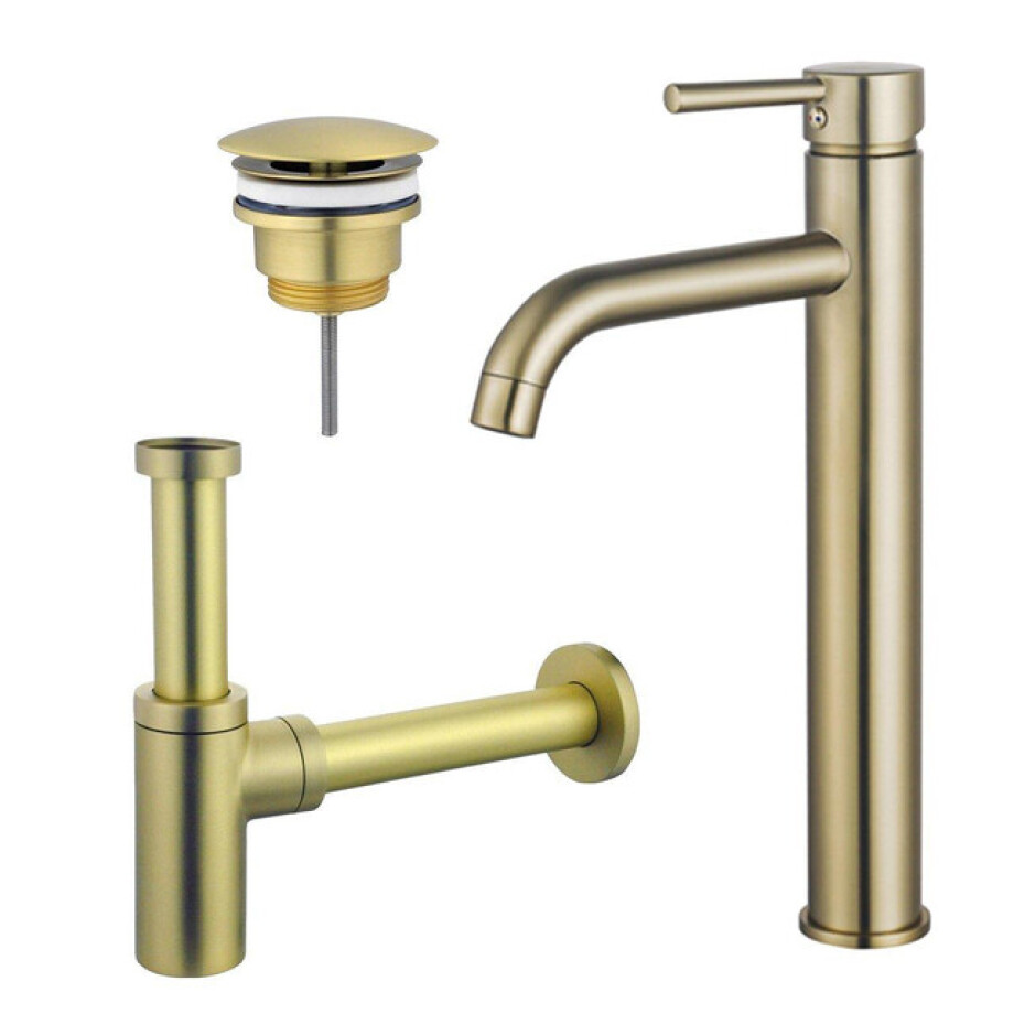 Fortifura Calvi Wastafelkraanset - verhoogde wastafelkraan - always open plug - design sifon - Geborsteld Messing PVD (Goud) SW720549/SW696208/SW696213 afbeelding 1