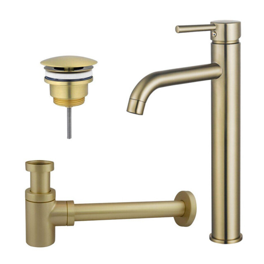 Fortifura Calvi Wastafelkraanset - verhoogde wastafelkraan - always open plug - verlaagde design sifon - Geborsteld Messing PVD (Goud) SW720549/SW696208/SW696218 afbeelding 1