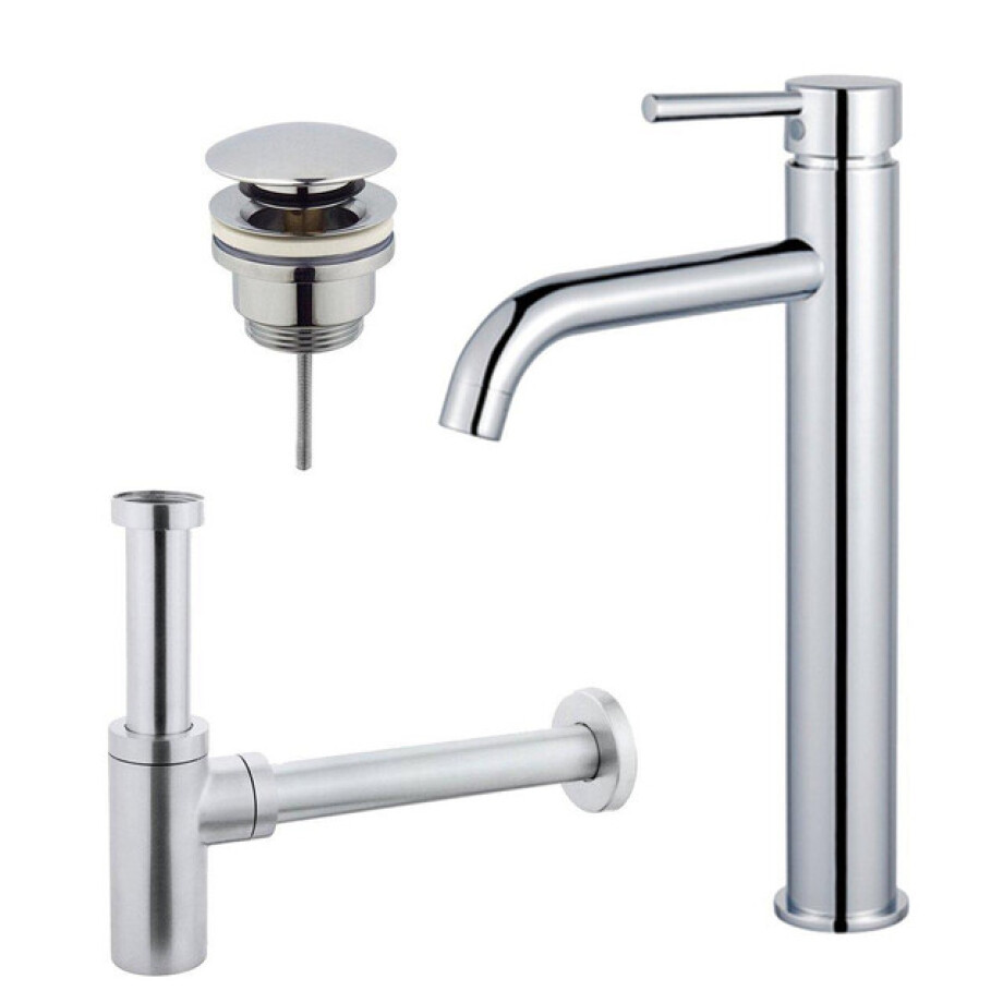 Fortifura Calvi Wastafelkraanset - verhoogde wastafelkraan - klikwaste plug - design sifon - Chroom SW377811/SW696203/SW696214 afbeelding 1