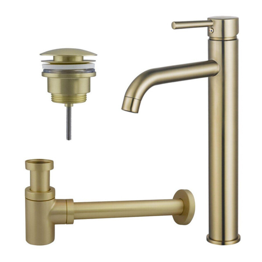 Fortifura Calvi Wastafelkraanset - verhoogde wastafelkraan - klikwaste plug - verlaagde design sifon - Geborsteld Messing PVD (Goud) SW720549/SW696202/SW696218 afbeelding 1
