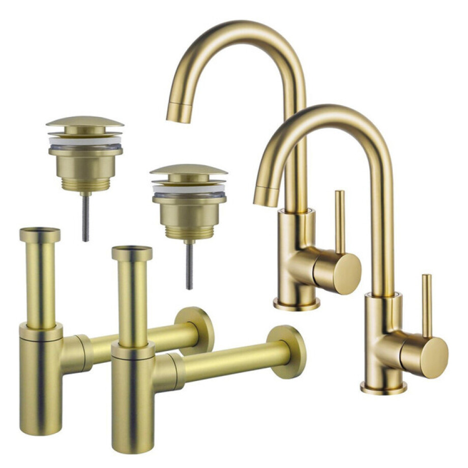 Fortifura Calvi Wastafelkraanset - voor dubbele wastafel - hoge wastafelkraan - draaibare uitloop - klikwaste plug - design sifon - Geborsteld Messing PVD (Goud) 2x SW809349/2x SW696202/2x SW696213 afbeelding 1
