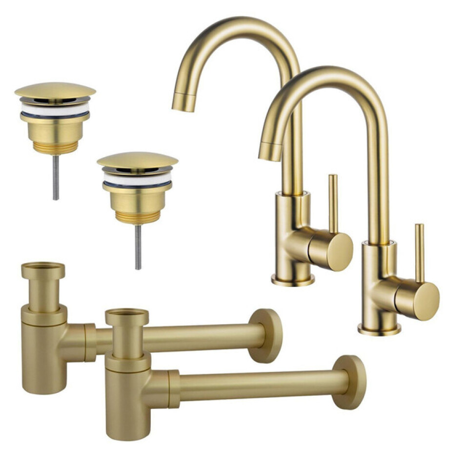 Fortifura Calvi Wastafelkraanset - voor dubbele wastafel - hoge wastafelkraan - draaibare uitloop - always open plug - verlaagde design sifon - Geborsteld Messing PVD (Goud) 2x SW809349/2x SW696208/2x SW696218 afbeelding 1