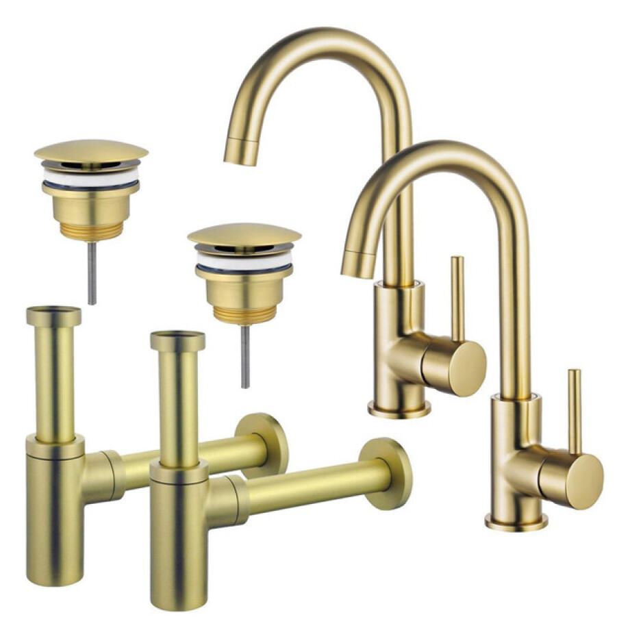 Fortifura Calvi Wastafelkraanset - voor dubbele wastafel - hoge wastafelkraan - draaibare uitloop - always open plug - design sifon - Geborsteld Messing PVD (Goud) 2x SW809349/2x SW696208/2x SW696213 afbeelding 1