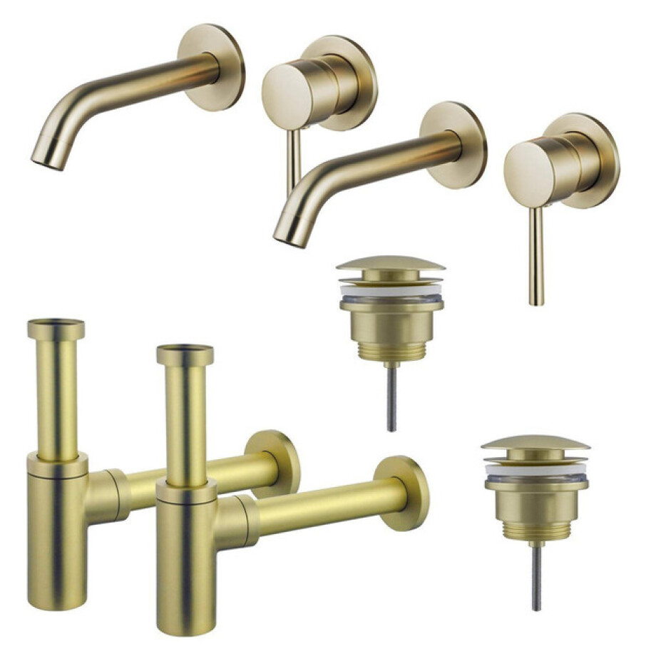 Fortifura Calvi Wastafelkraanset - voor dubbele wastafel - inbouw wastafelkraan - klikwaste plug - design sifon - Geborsteld Messing PVD (Goud) 2x SW720228/2x SW696202/2x SW696213 afbeelding 1