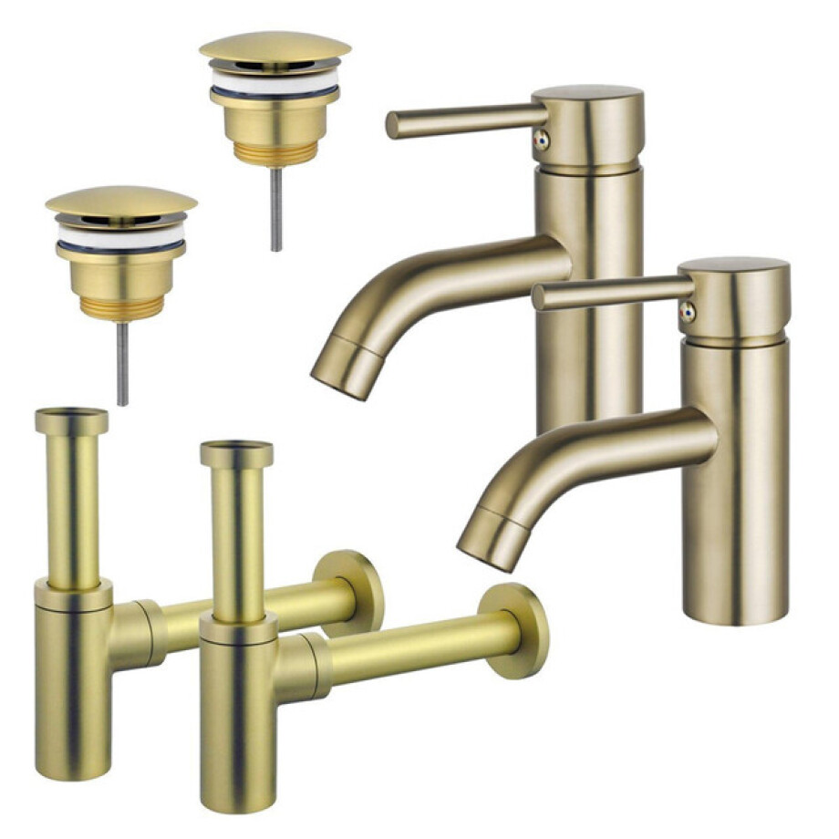 Fortifura Calvi Wastafelkraanset - voor dubbele wastafel - lage wastafelkraan - always open plug - design sifon - Geborsteld Messing PVD (Goud) 2x SW720547/2x SW696208/2x SW696213 afbeelding 1