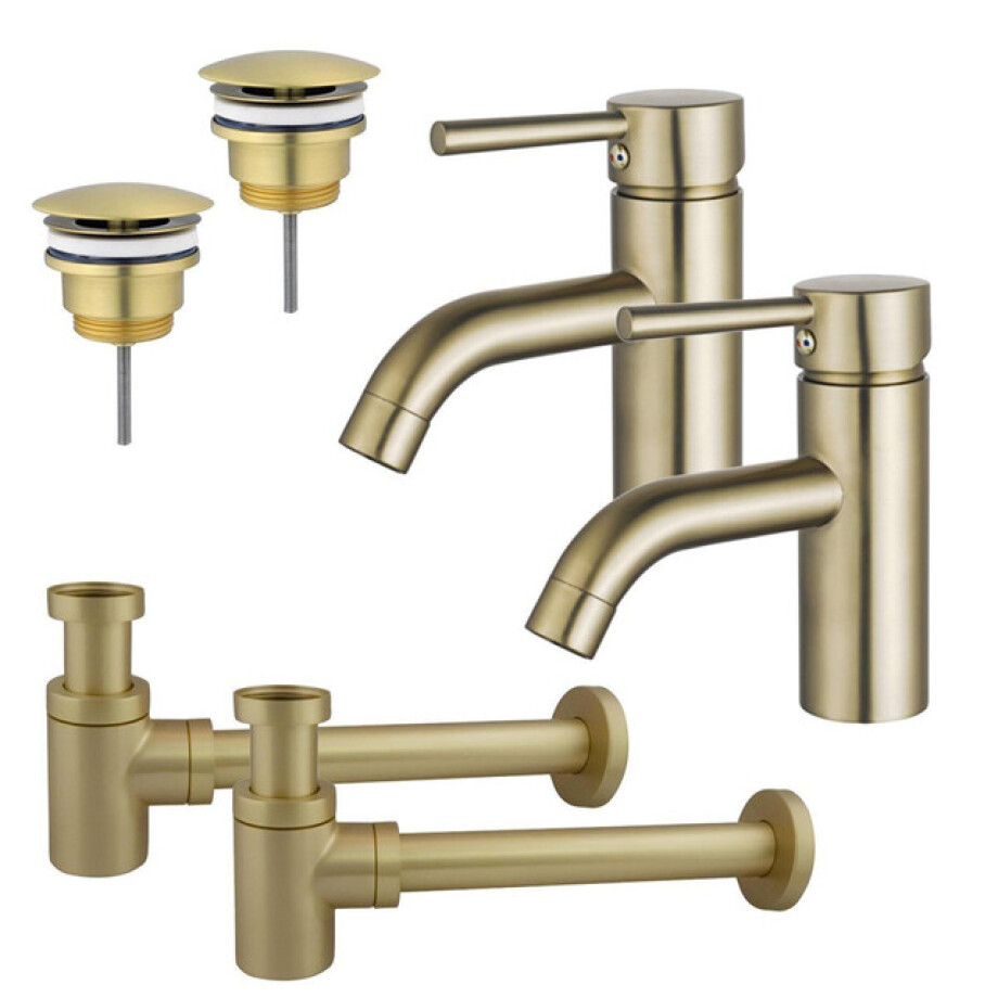 Fortifura Calvi Wastafelkraanset - voor dubbele wastafel - lage wastafelkraan - always open plug - verlaagde design sifon - Geborsteld Messing PVD (Goud) 2x SW720547/2x SW696208/2x SW696218 afbeelding 1