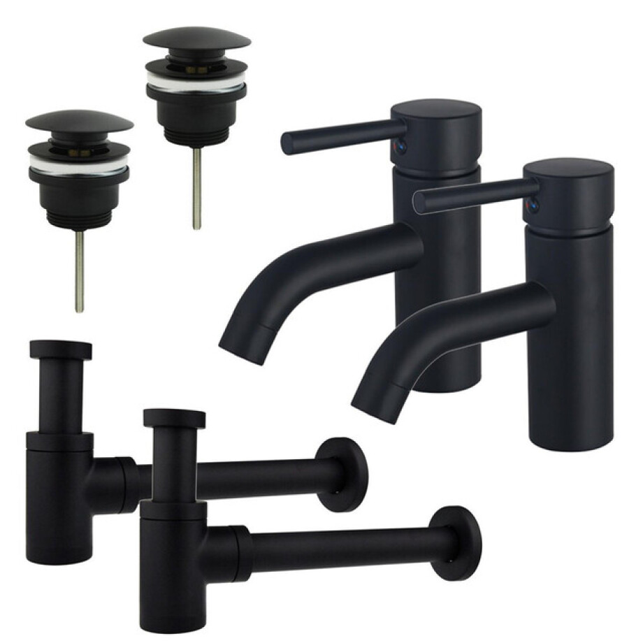 Fortifura Calvi Wastafelkraanset - voor dubbele wastafel - lage wastafelkraan - klikwaste plug - verlaagde design sifon - Mat zwart 2x SW377833/2x SW696199/2x SW696215 afbeelding 1