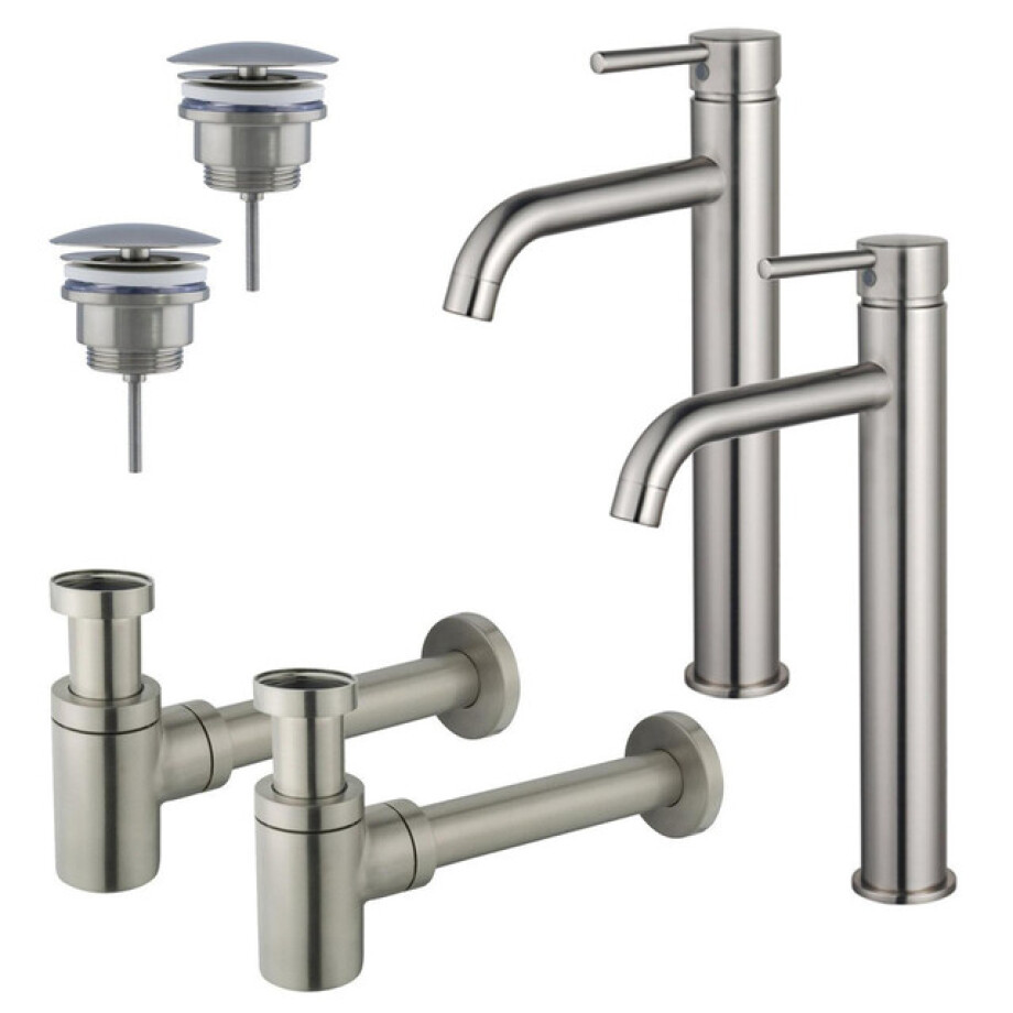 Fortifura Calvi Wastafelkraanset - voor dubbele wastafel - verhoogde wastafelkraan - always open plug - verlaagde design sifon - Geborsteld RVS PVD (RVS) 2x SW377857/2x SW696207/2x SW696217 afbeelding 1