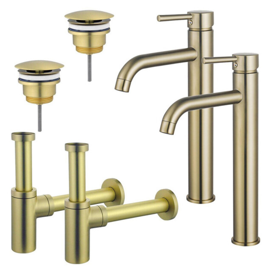 Fortifura Calvi Wastafelkraanset - voor dubbele wastafel - verhoogde wastafelkraan - always open plug - design sifon - Geborsteld Messing PVD (Goud) 2x SW720549/2x SW696208/2x SW696213 afbeelding 1