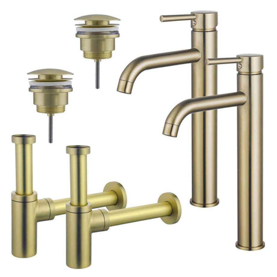 Fortifura Calvi Wastafelkraanset - voor dubbele wastafel - verhoogde wastafelkraan - klikwaste plug - design sifon - Geborsteld Messing PVD (Goud) 2x SW720549/2x SW696202/2x SW696213 afbeelding 1