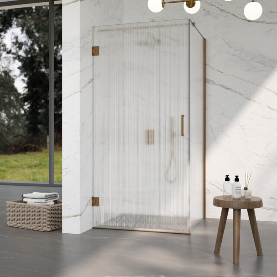 Fortifura Galeria Douchecabine - 100x100x200cm - scharnieren - deurgreep - stabilisatiestang - helder geribbeld - veiligheidsglas - Geborsteld koper PVD (Koper) SW1208822/SW1122565/SW876702/SW797955 afbeelding 1