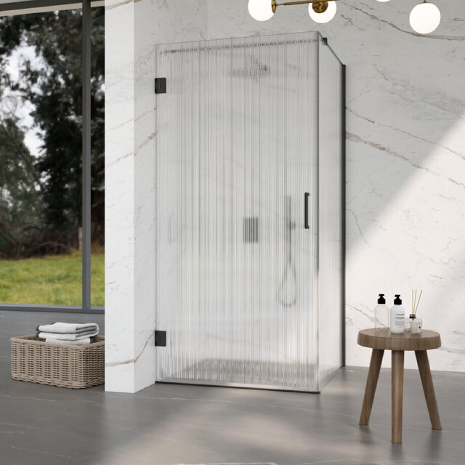 Fortifura Galeria Douchecabine - 80x100x200cm - scharnieren - deurgreep - stabilisatiestang - helder geribbeld - veiligheidsglas - mat zwart SW1208820/SW1122561/SW797905/SW797955 afbeelding 1