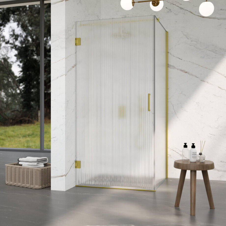 Fortifura Galeria Douchecabine - 80x140x200cm - scharnieren - deurgreep - stabilisatiestang - helder geribbeld - veiligheidsglas - Geborsteld messing PVD (Goud) SW1208820/SW1122564/SW797910/SW797954 afbeelding 1