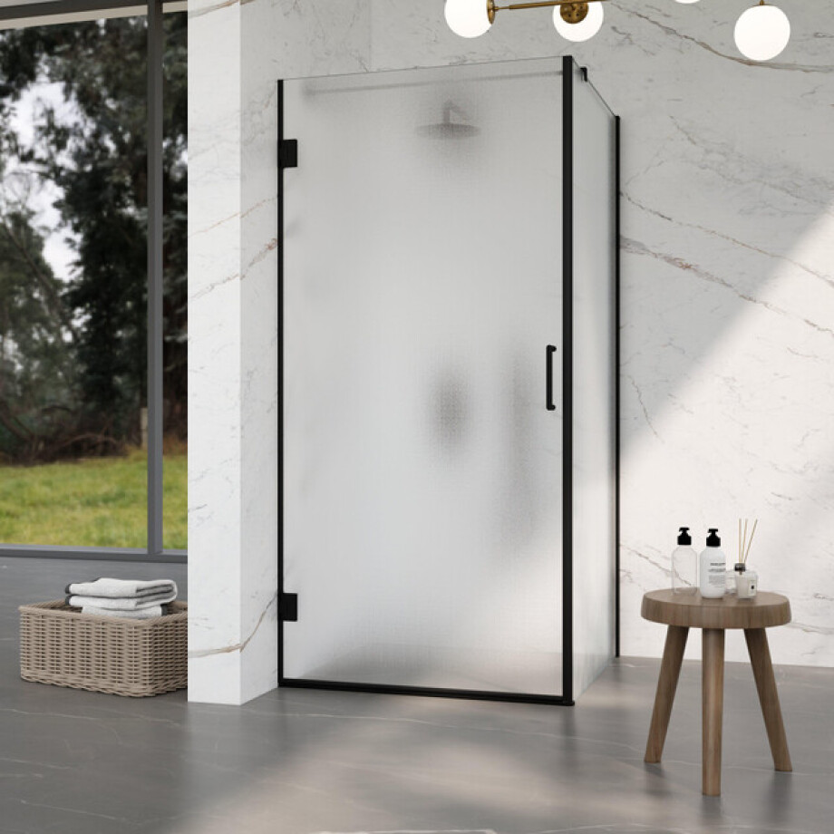 Fortifura Galeria Douchecabine - 80x80x200cm - scharnieren - deurgreep - vlak - gesatineerd veiligheidsglas - Mat zwart SW1122552/SW1122561/SW797905/SW797925 afbeelding 1