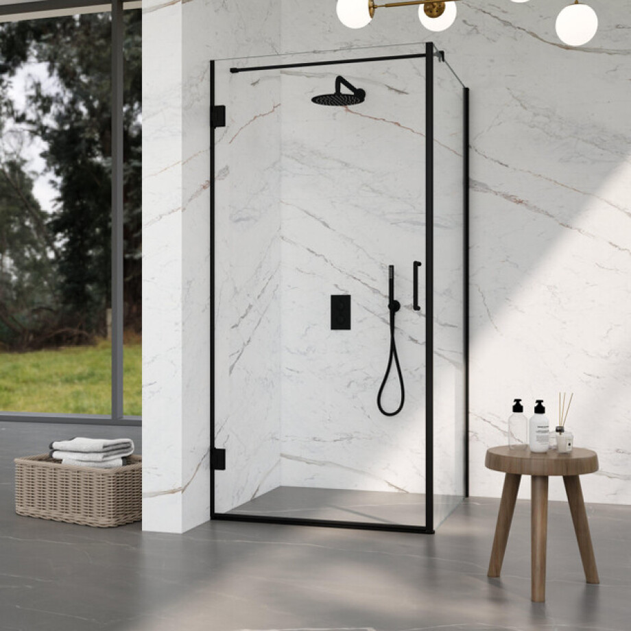 Fortifura Galeria Douchecabine - 90x100x200cm - scharnieren - deurgreep - stabilisatiestang - vlak - helder veiligheidsglas - Mat zwart SW1122548/SW1122561/SW797905/SW797915 afbeelding 1