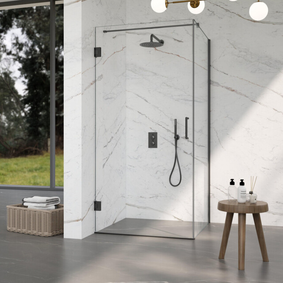 Fortifura Galeria Douchecabine - 90x100x200cm - scharnieren - deurgreep - stabilisatiestang - vlak - helder veiligheidsglas - Geborsteld gunmetal PVD (Antraciet) SW1122548/SW1122563/SW797907/SW797915 afbeelding 1