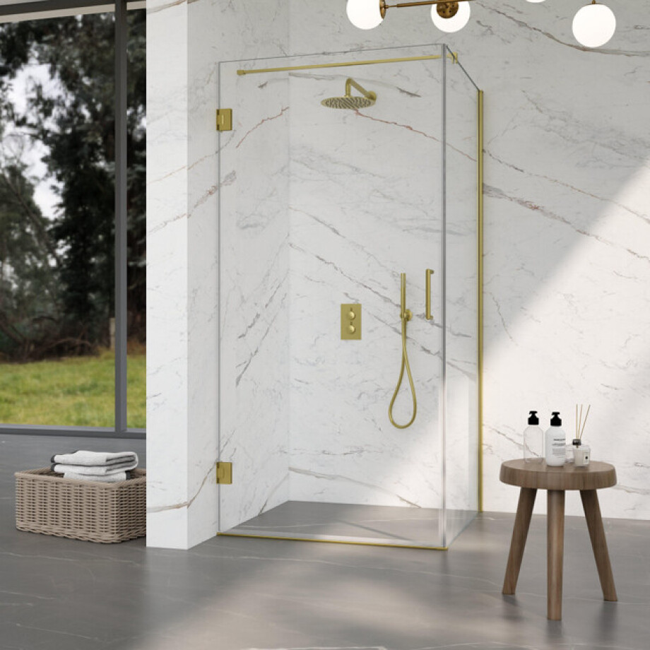 Fortifura Galeria Douchecabine - 90x90x200cm - scharnieren - deurgreep - stabilisatiestang - vlak - helder veiligheidsglas - Geborsteld messing PVD (Goud) SW1122548/SW1122564/SW797910/SW797926 afbeelding 1