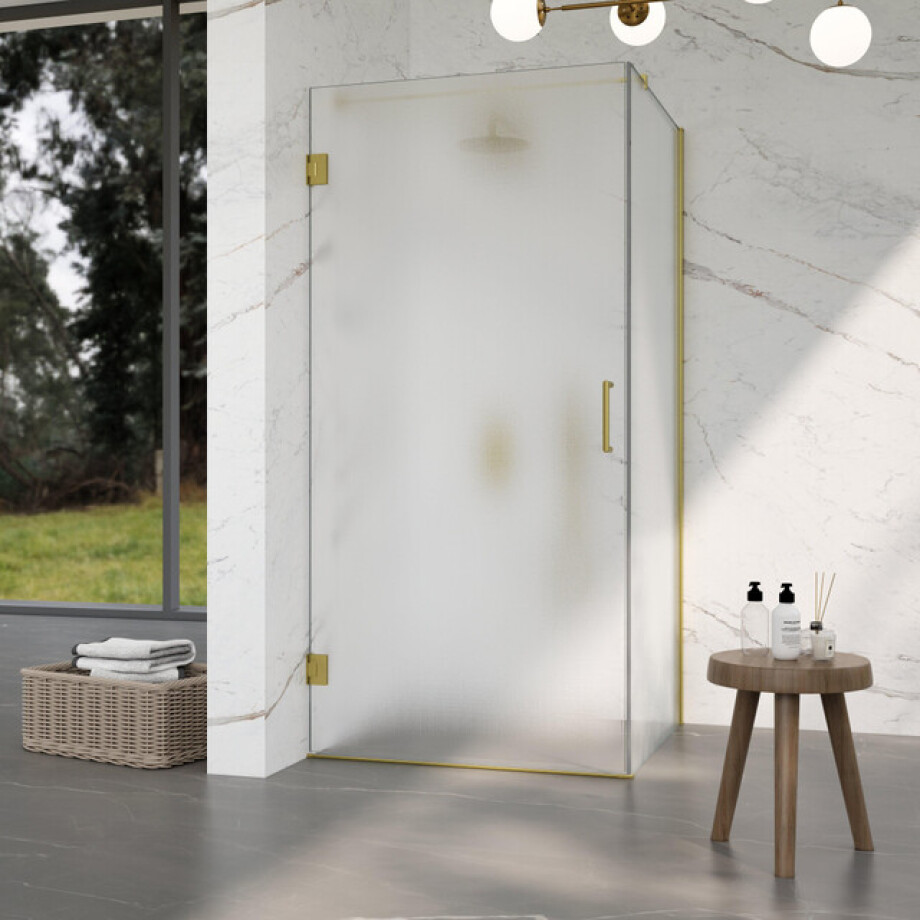 Fortifura Galeria Douchecabine - 90x90x200cm - scharnieren - deurgreep - vlak - gesatineerd veiligheidsglas - Geborsteld messing PVD (Goud) SW1122553/SW1122564/SW797910/SW797929 afbeelding 1