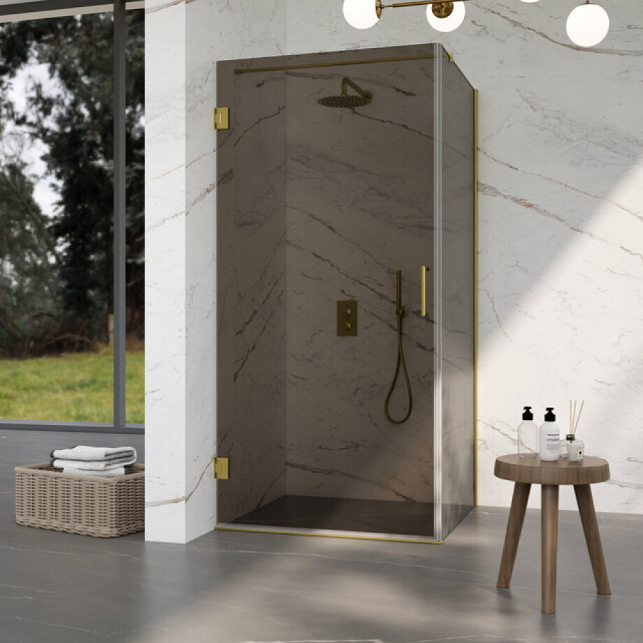 Fortifura Galeria Douchecabine - 90x90x200cm - scharnieren - deurgreep - vlak - rookglas - Geborsteld messing PVD (Goud) SW1122558/SW1122564/SW797910/SW797938 afbeelding 1
