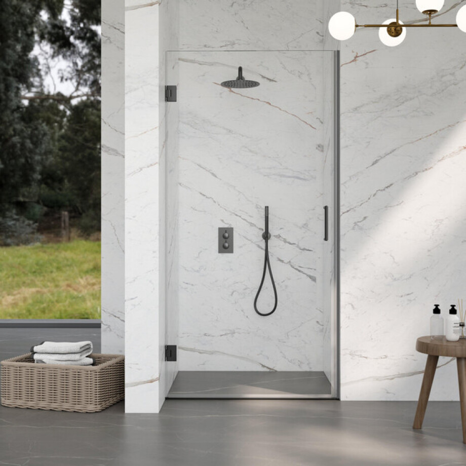Fortifura Galeria Douchedeur - 90x200cm - scharnieren - deurgreep - vlak - helder veiligheidsglas - Geborsteld Gunmetal PVD SW1122548/SW1122563 afbeelding 1