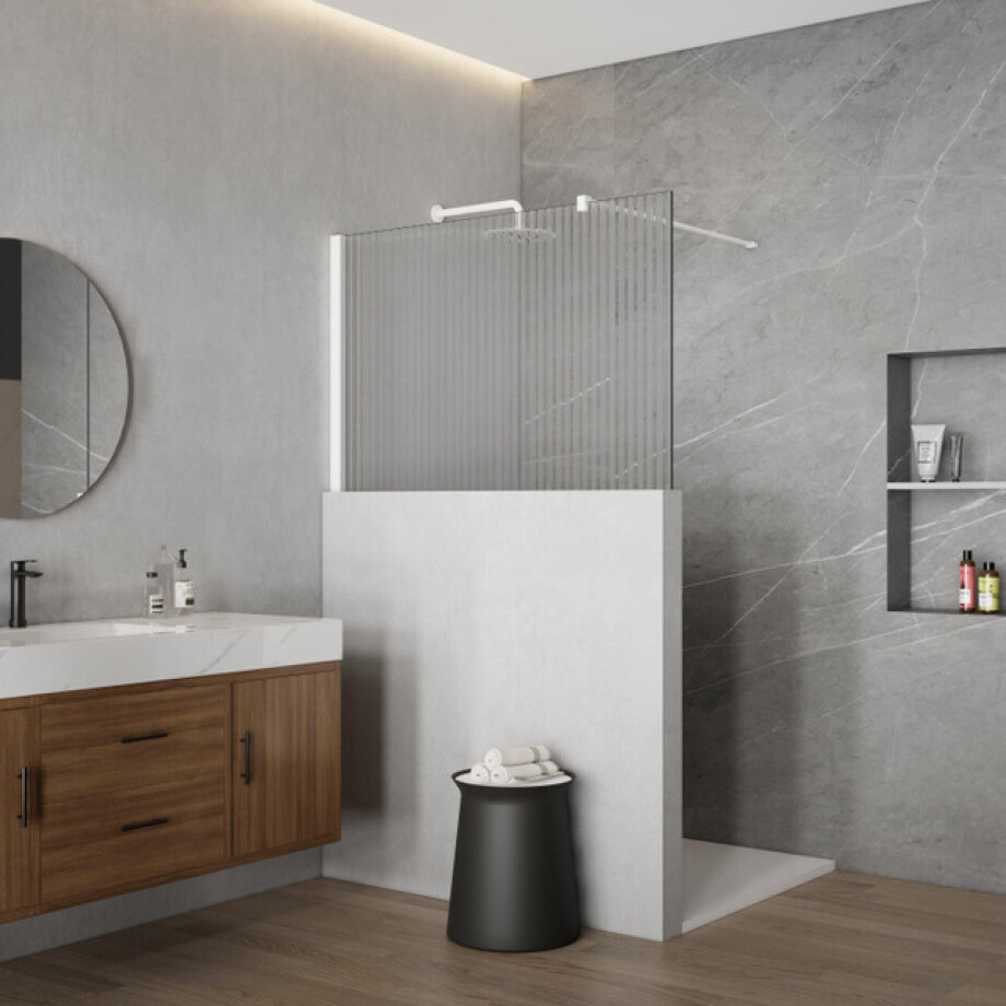 Fortifura Galeria Halfhoge Inloopdouche - 110x80cm - ribbelglas - 8mm - nano - met profiel en stabilisatiestang - Mat Wit SW797906 SW1235449 afbeelding 1