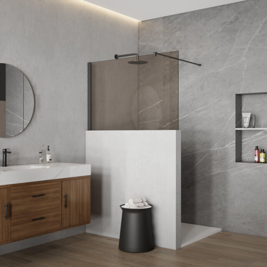 Fortifura Galeria Halfhoge Inloopdouche - 120x80cm - rookglas - 8mm - nano - met profiel en stabilisatiestang - Geborsteld Gunmetal PVD SW797907 SW1235446 afbeelding 1