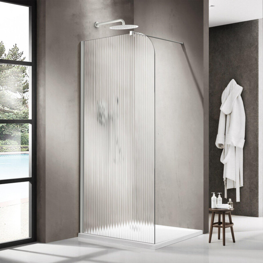 Fortifura Galeria Inloopdouche - 100x200cm - afgeronde glaswand - links - ribbel glas - wandarm - mat wit SW1418370/SW797906 afbeelding 1
