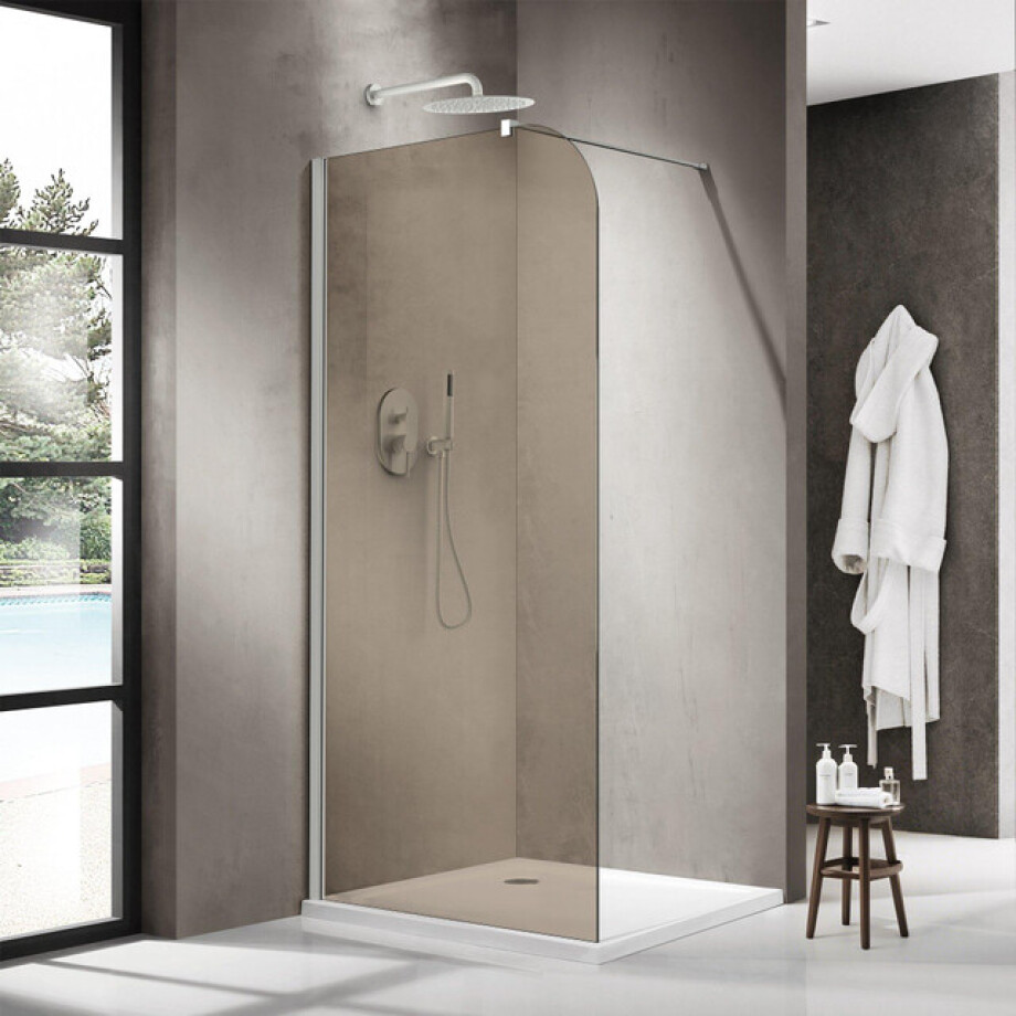 Fortifura Galeria Inloopdouche - 100x200cm - afgeronde glaswand - rook glas - wandarm - mat wit SW1418365/SW797906 afbeelding 1