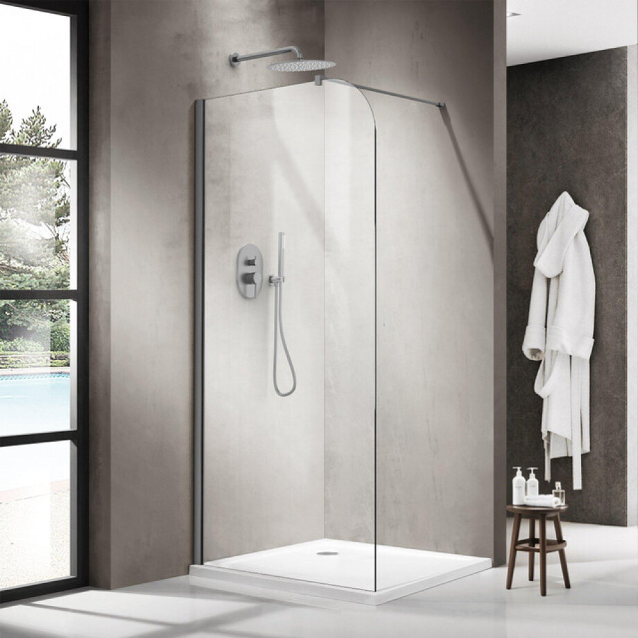 Fortifura Galeria Inloopdouche - 110x200cm - afgeronde glaswand - helder glas - wandarm - geborsteld gunmetal PVD SW1418381/SW797907 Fortifura Galeria Inloopdouche - 110x200cm - afgeronde glaswand - helder glas - wandarm - geborsteld gunmetal PVD SW1418381/SW797907 afbeelding 1