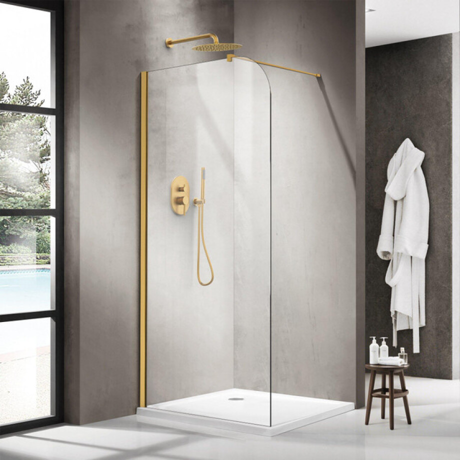 Fortifura Galeria Inloopdouche - 120x200cm - afgeronde glaswand - helder glas - wandarm - geborsteld messing PVD (Goud) SW1418382/SW797910 Fortifura Galeria Inloopdouche - 120x200cm - afgeronde glaswand - helder glas - wandarm - geborsteld messing PVD (Goud) SW1418382/SW797910 afbeelding 1